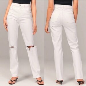 Abercrombie The 90’s Straight Ultra High Rise White Distressed Denim Jeans